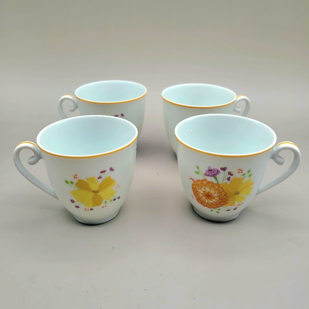 Denby Vintage Floral White Demitasse Cups with Orange & Yellow Flowers, Set of 4